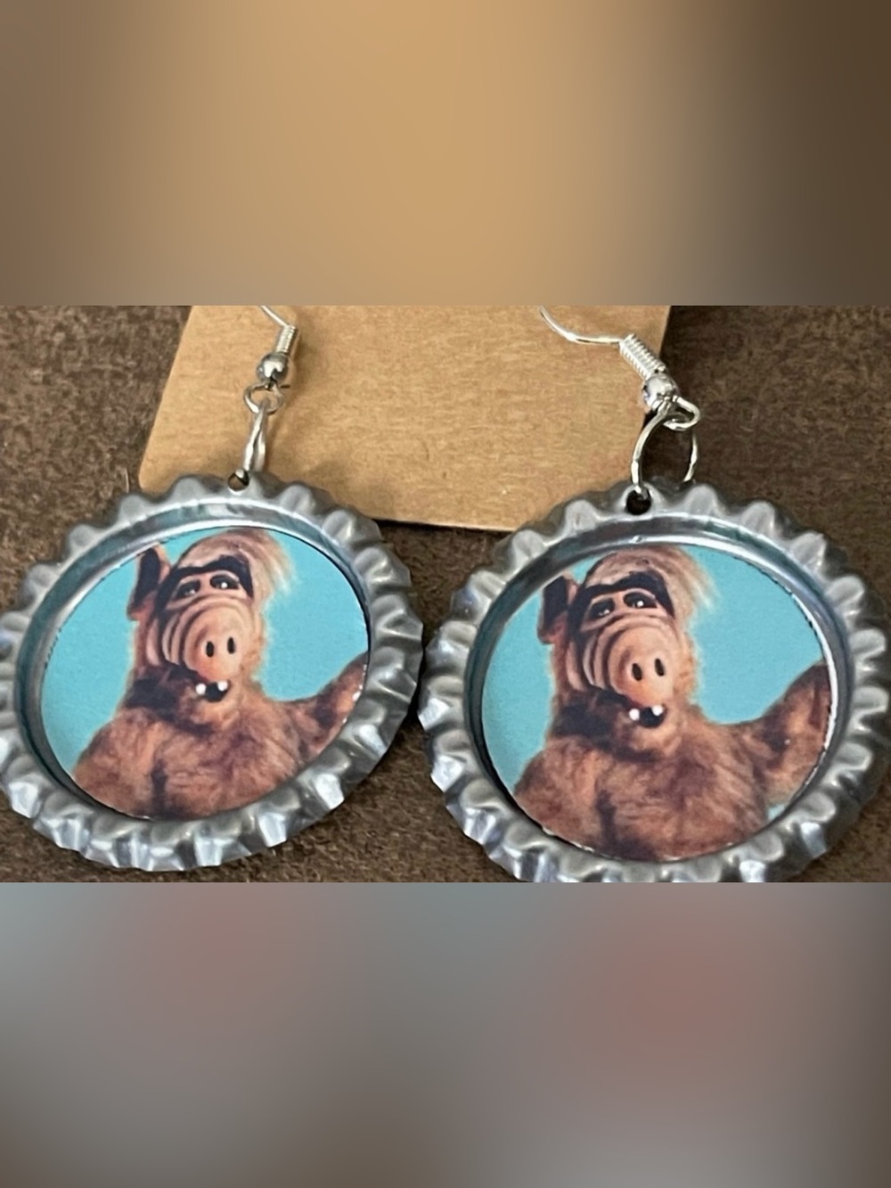 Alf Bottle Cap Drop Earrings - Blue and Brown